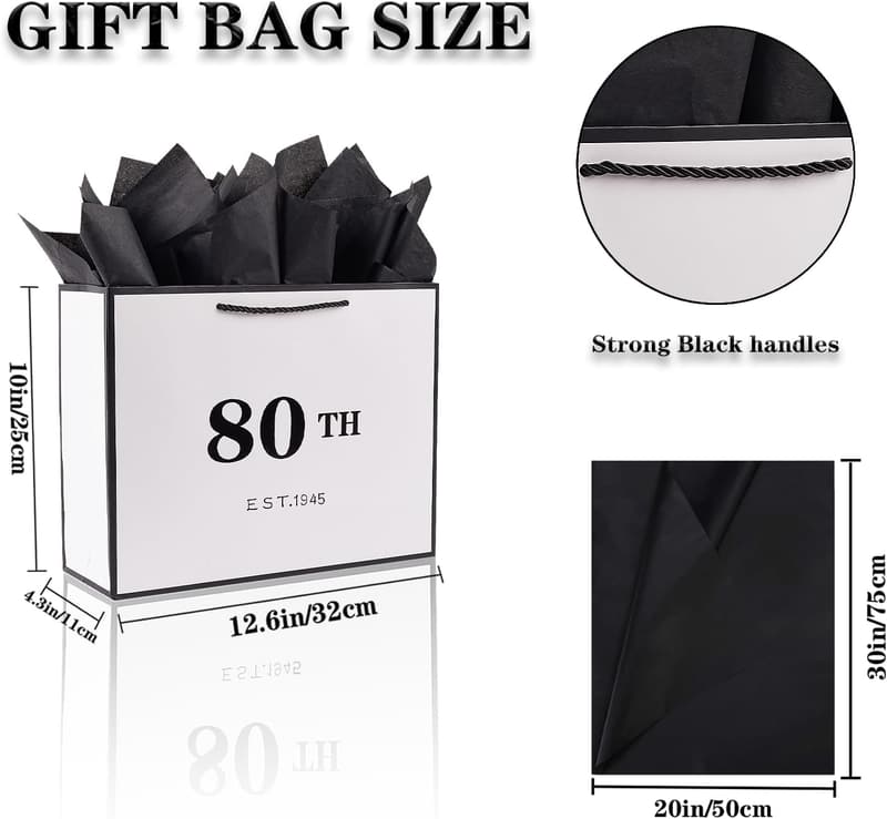 80th Birthday Gift Bag with Card & Tissue Paper, Vintage Design