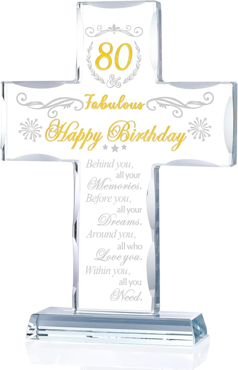 80th Birthday Engraved Glass Cross - Religious Keepsake for Her