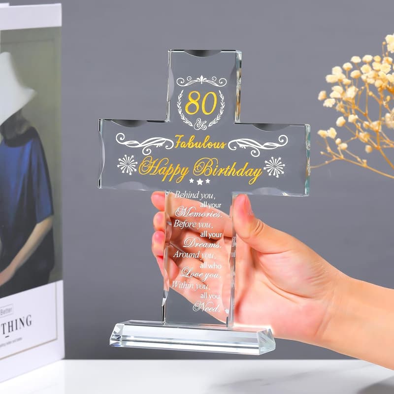 80th Birthday Engraved Glass Cross - Religious Keepsake for Her