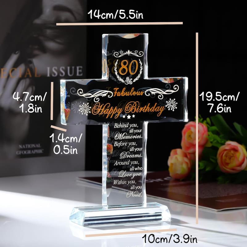 80th Birthday Engraved Glass Cross - Religious Keepsake for Her