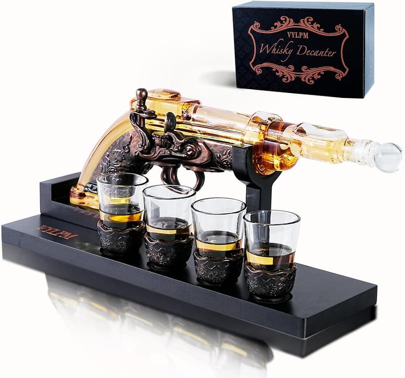 Gun Whisky Decanter Set with 4 Shot Glasses - Unique Gift for Men