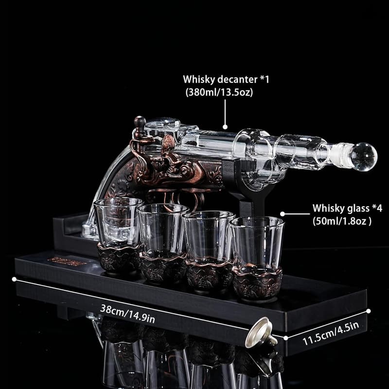 Gun Whisky Decanter Set with 4 Shot Glasses - Unique Gift for Men