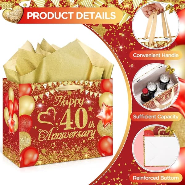 40th Anniversary Red Gold Gift Bag with Tissue and Card