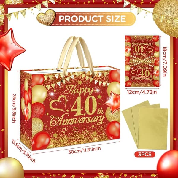 40th Anniversary Red Gold Gift Bag with Tissue and Card