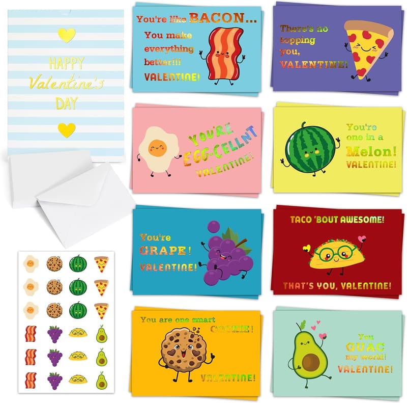 Valentine's Cards for Kids - 24 Gold Foil Designs with Envelopes