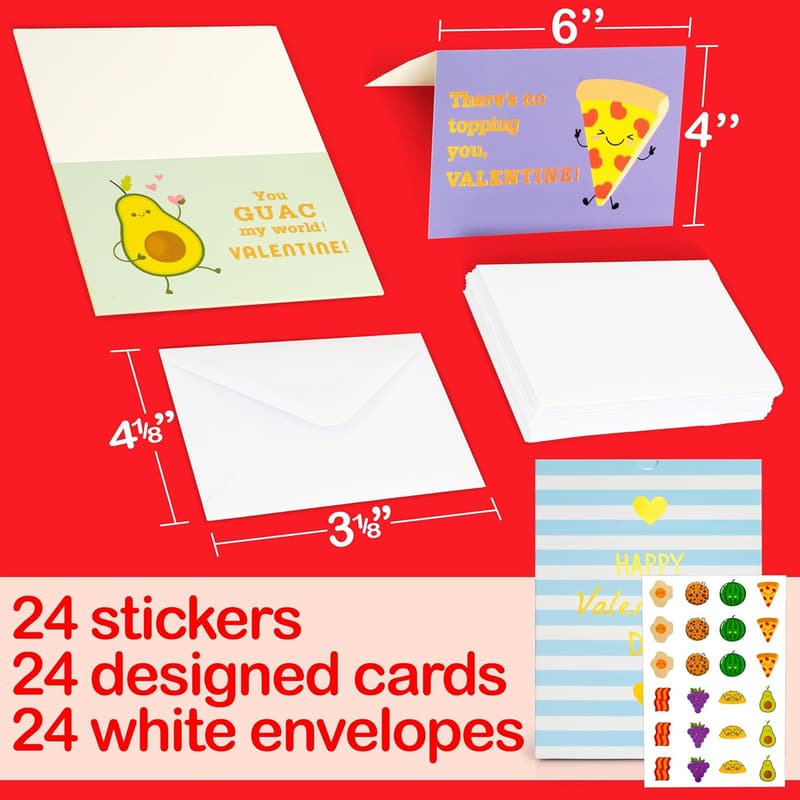 Valentine's Cards for Kids - 24 Gold Foil Designs with Envelopes