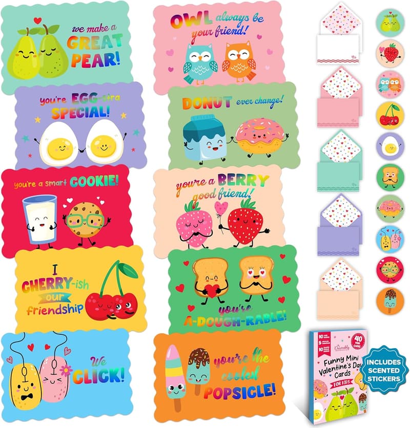 Funny Valentine Mini Postcards for Kids - 40 Pack with Envelopes