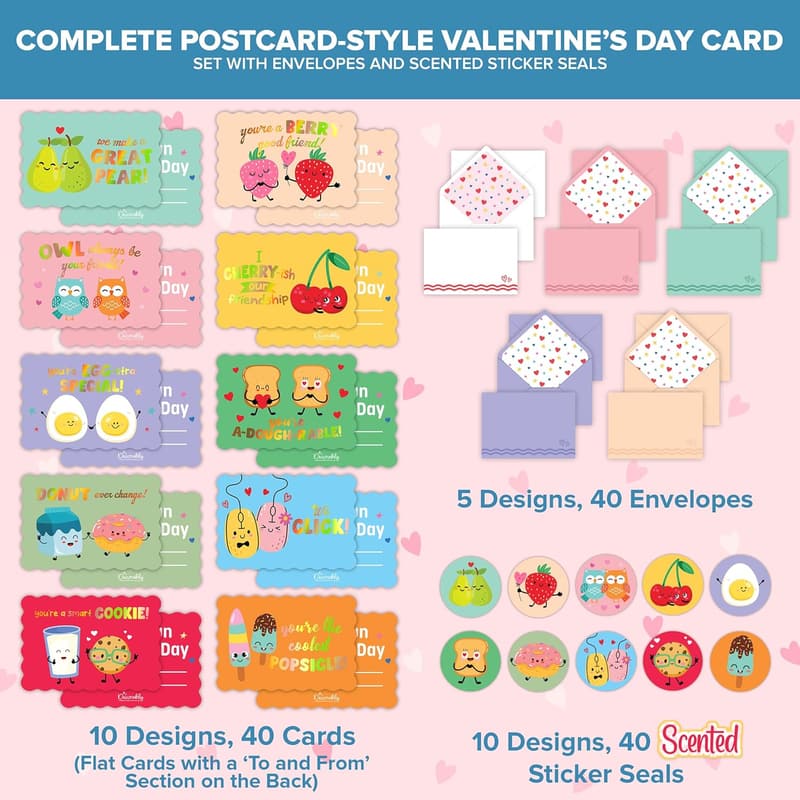 Funny Valentine Mini Postcards for Kids - 40 Pack with Envelopes