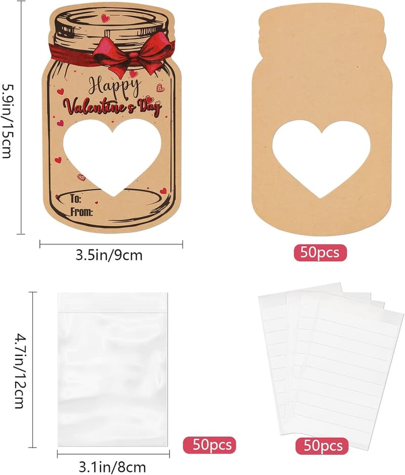 Valentine's Day Cards for Kids - 50 Pack with Treat Bags