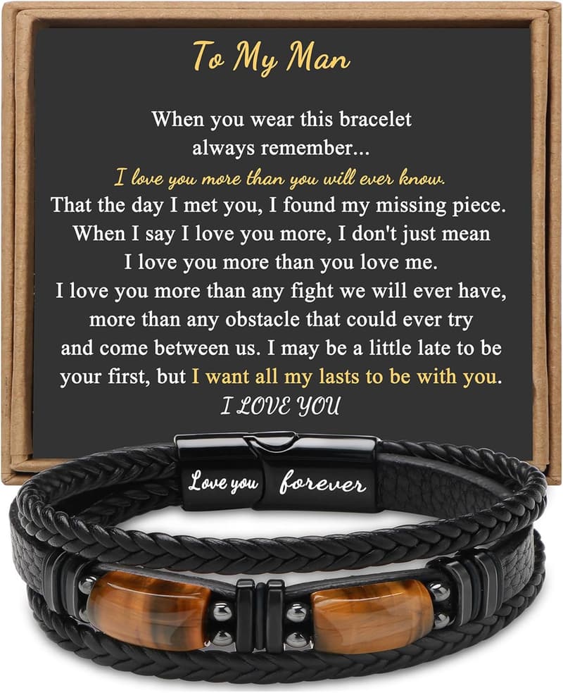 Father's Day Men's Leather Bracelet with Tiger Eye Stone