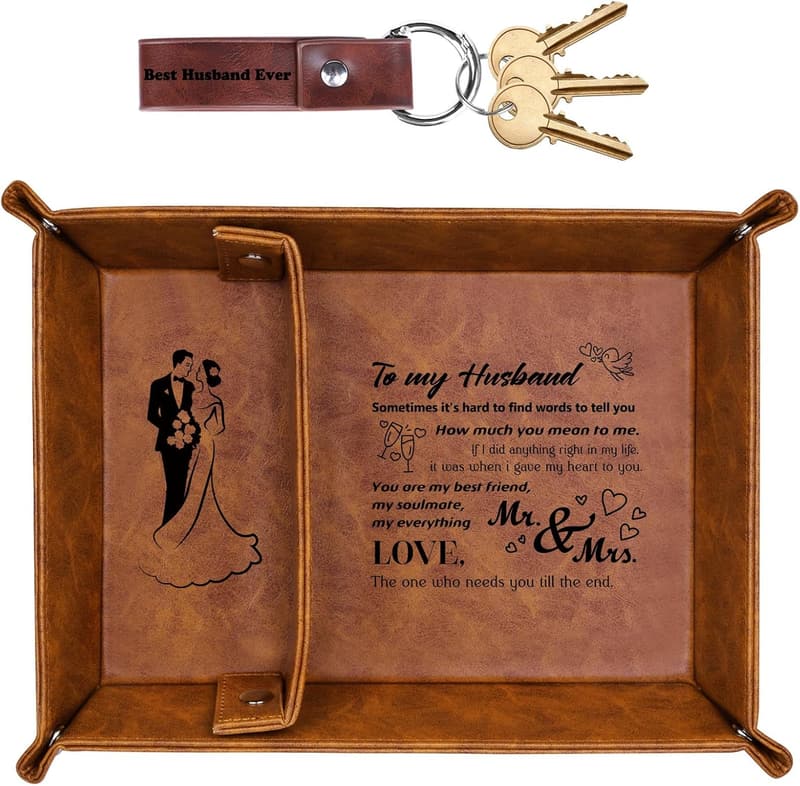 Husband Birthday Gift Set: PU Leather Valet Tray & Keychain