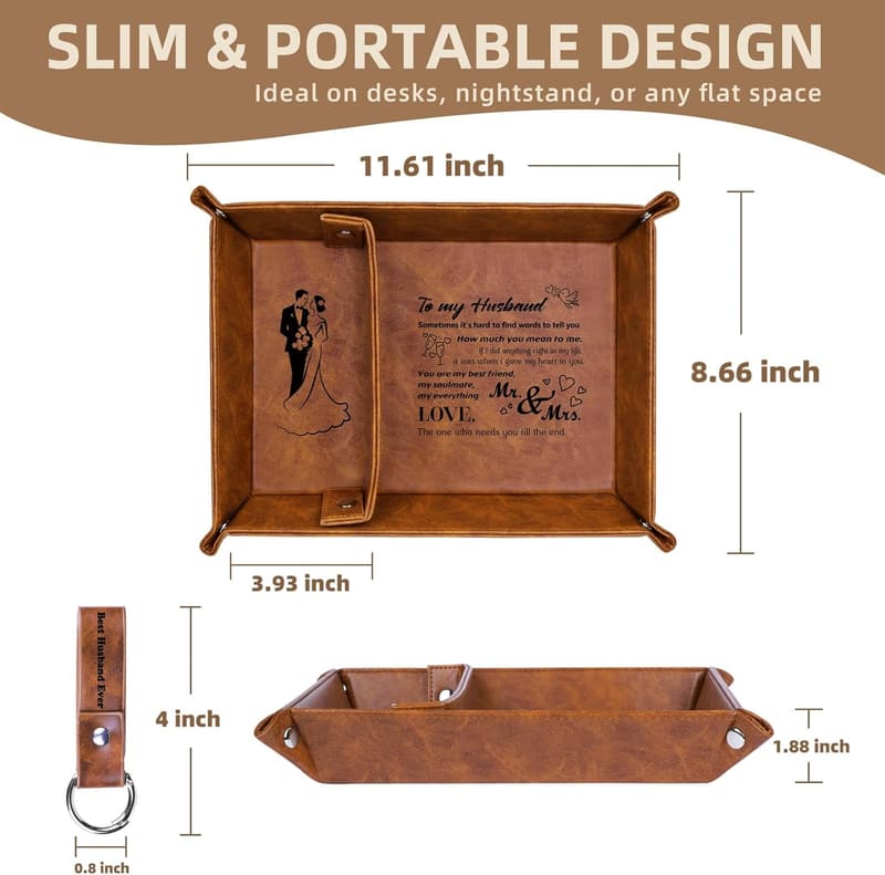 Husband Birthday Gift Set: PU Leather Valet Tray & Keychain