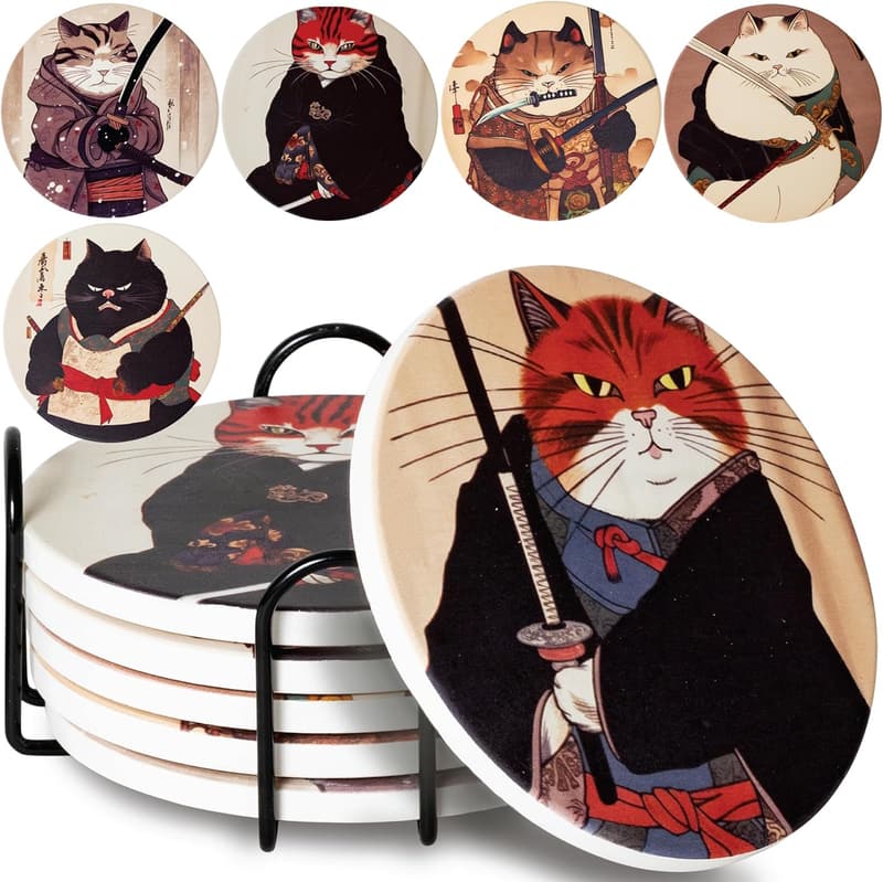 Ninja Cat Coasters Set - Anime Drink Coasters with Holder