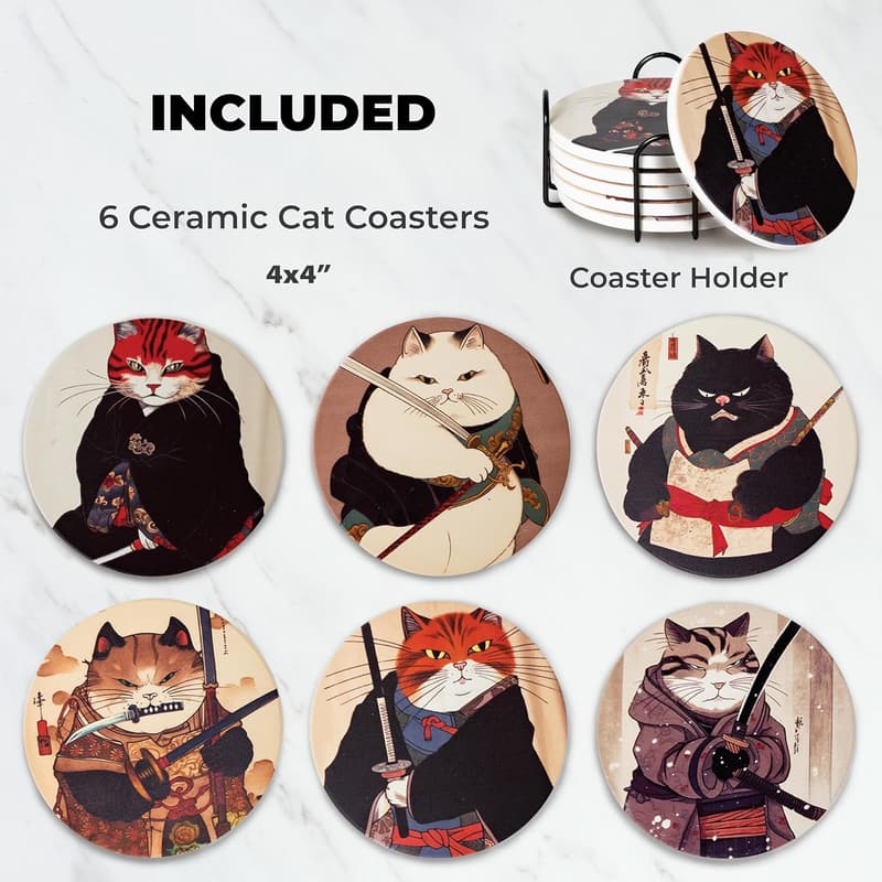 Ninja Cat Coasters Set - Anime Drink Coasters with Holder