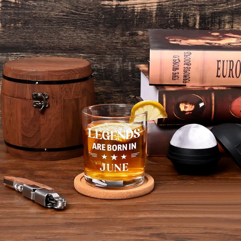 June Birthday Whiskey Glass with Wooden Barrel - Gift for Men