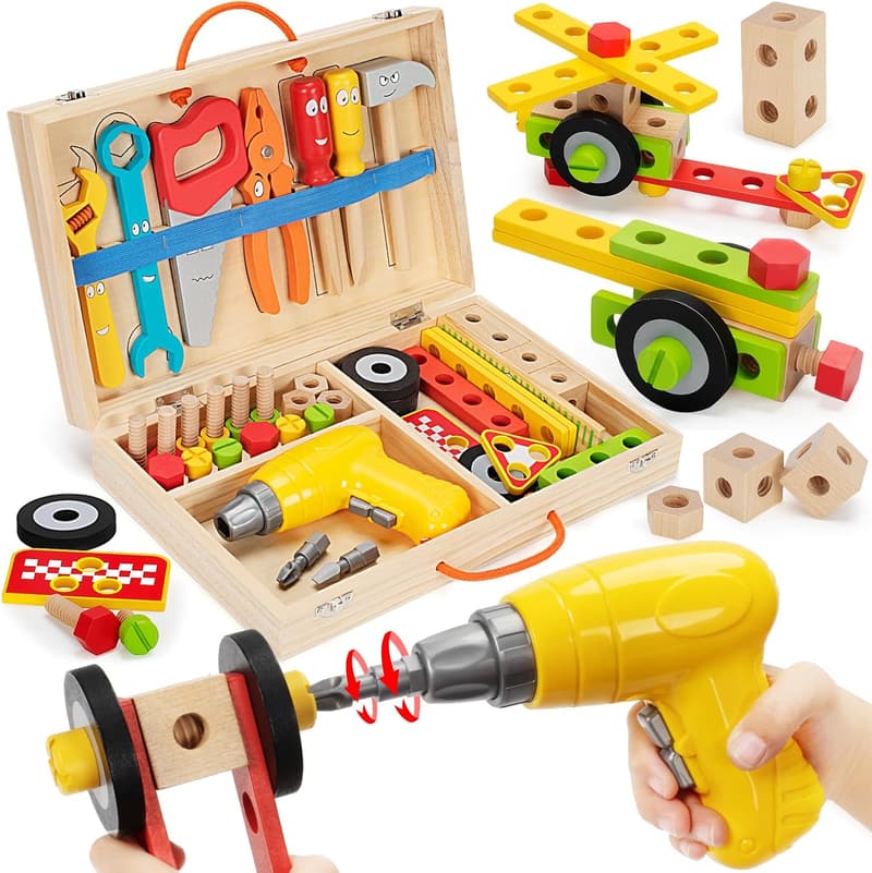 Kids 44-Piece Wooden Tool Set Toy for Ages 3-5