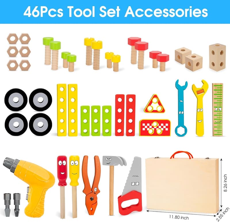 Kids 44-Piece Wooden Tool Set Toy for Ages 3-5