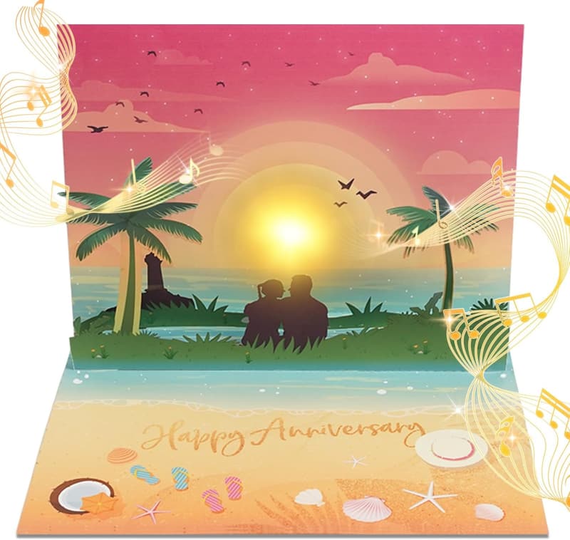 Musical Anniversary Card with Beach Sunset View