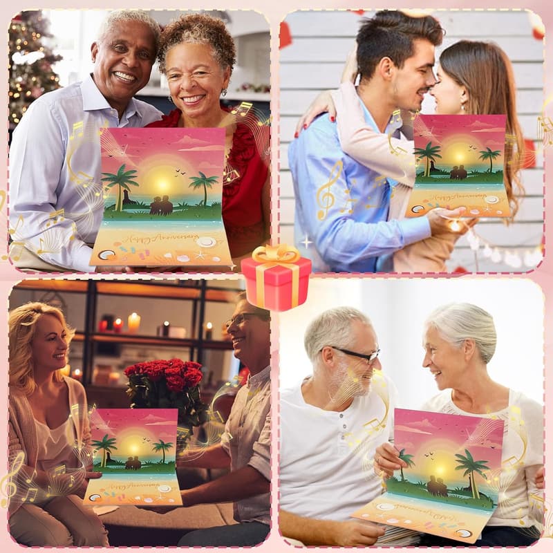 Musical Anniversary Card with Beach Sunset View