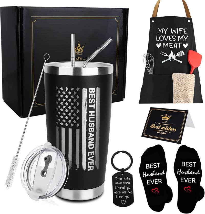 Husband Birthday Gift Set - 8PCS Tumbler, Apron, Socks, Keychain