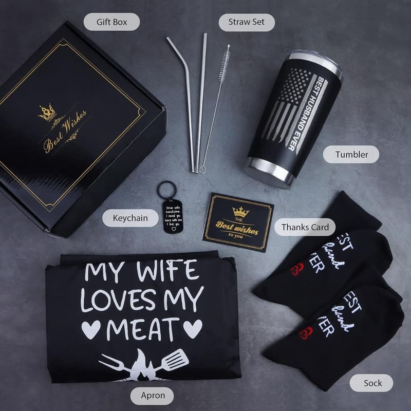 Husband Birthday Gift Set - 8PCS Tumbler, Apron, Socks, Keychain