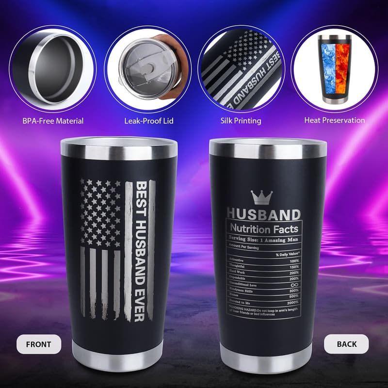 Husband Birthday Gift Set - 8PCS Tumbler, Apron, Socks, Keychain