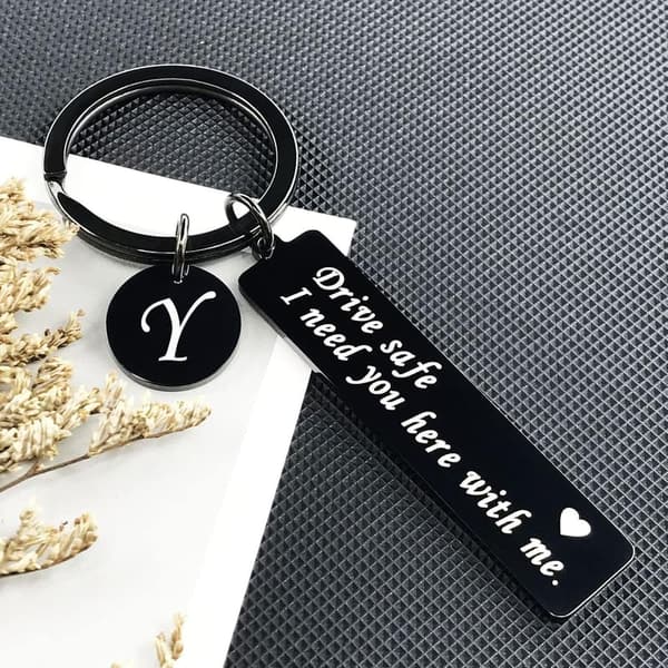 Valentine's Day Drive Safe Keychain for Him, Initial Letter