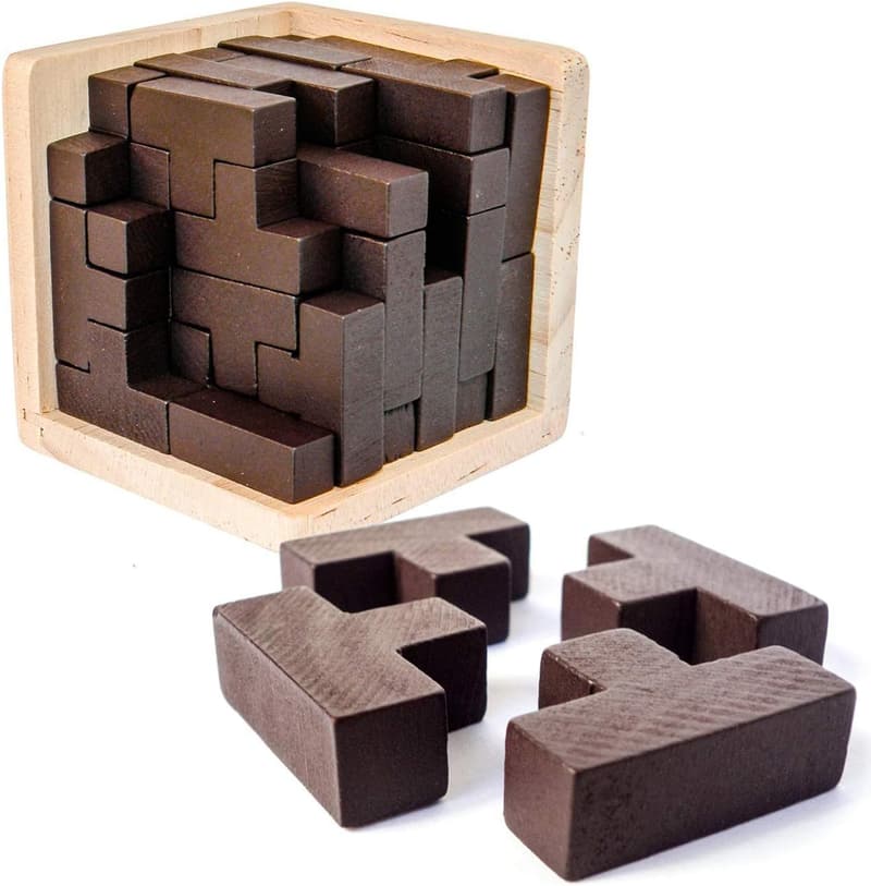 Wooden Brain Teaser Puzzle Cube for Kids & Adults - Educational Stress Relief Toy