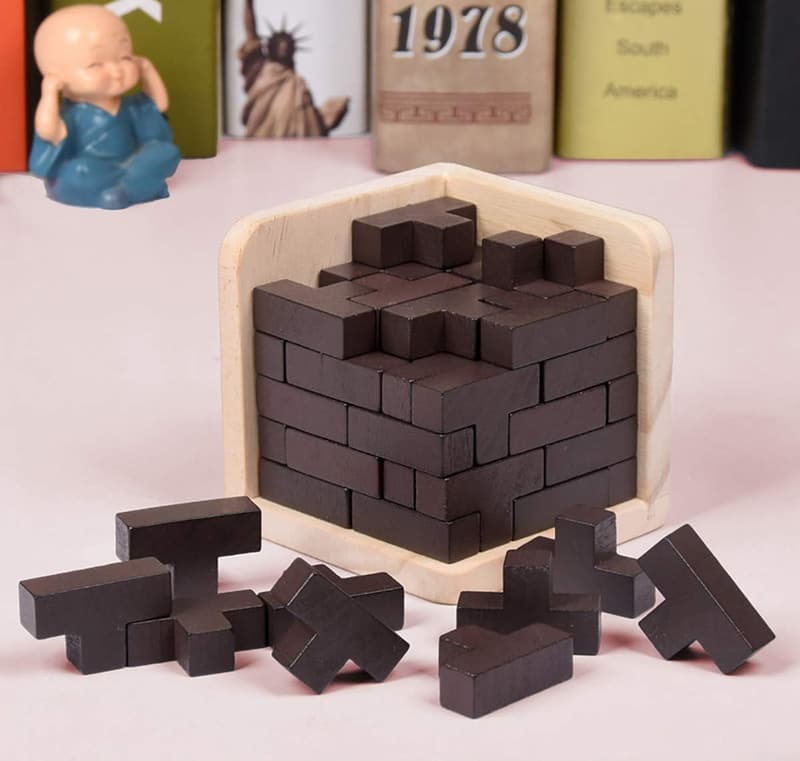 Wooden Brain Teaser Puzzle Cube for Kids & Adults - Educational Stress Relief Toy