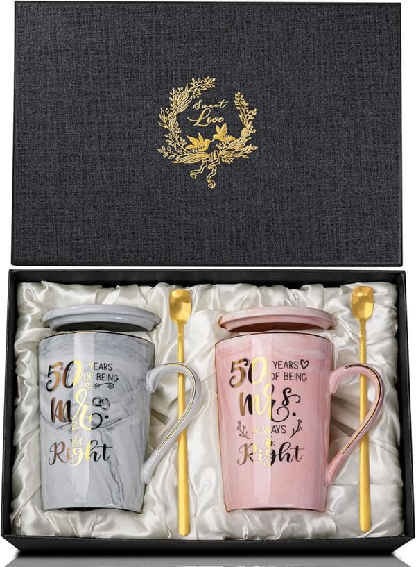 50th Wedding Anniversary Couple Mugs with Gift Box and Card