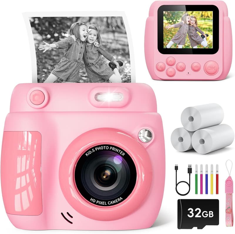 Kids Instant Print Camera - 1080P, 20MP, Pink, Great for Ages 3-10