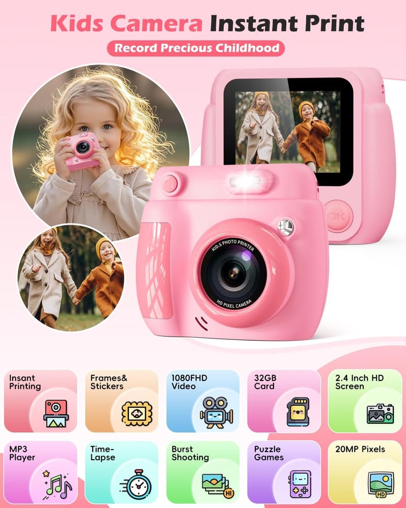 Kids Instant Print Camera - 1080P, 20MP, Pink, Great for Ages 3-10