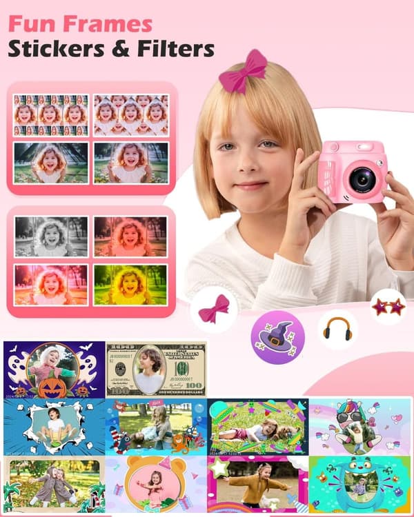 Kids Instant Print Camera - 1080P, 20MP, Pink, Great for Ages 3-10