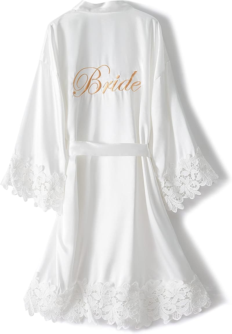 Bridal Lace Trim Satin Kimono Robe with Embroidery