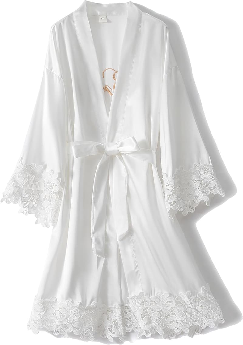 Bridal Lace Trim Satin Kimono Robe with Embroidery