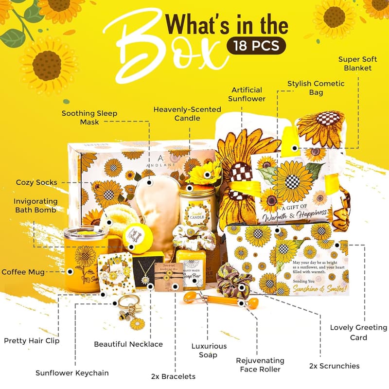 Sunshine Gift Basket Set for Women - 18 Pcs Birthday & Care Package