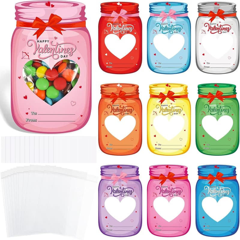 Valentine's Day Mason Jar Cards - Funrous 60 Set for Classrooms