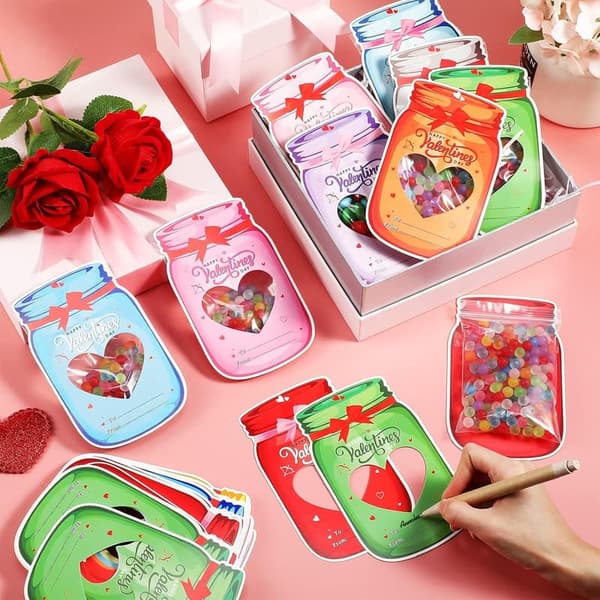 Valentine's Day Mason Jar Cards - Funrous 60 Set for Classrooms