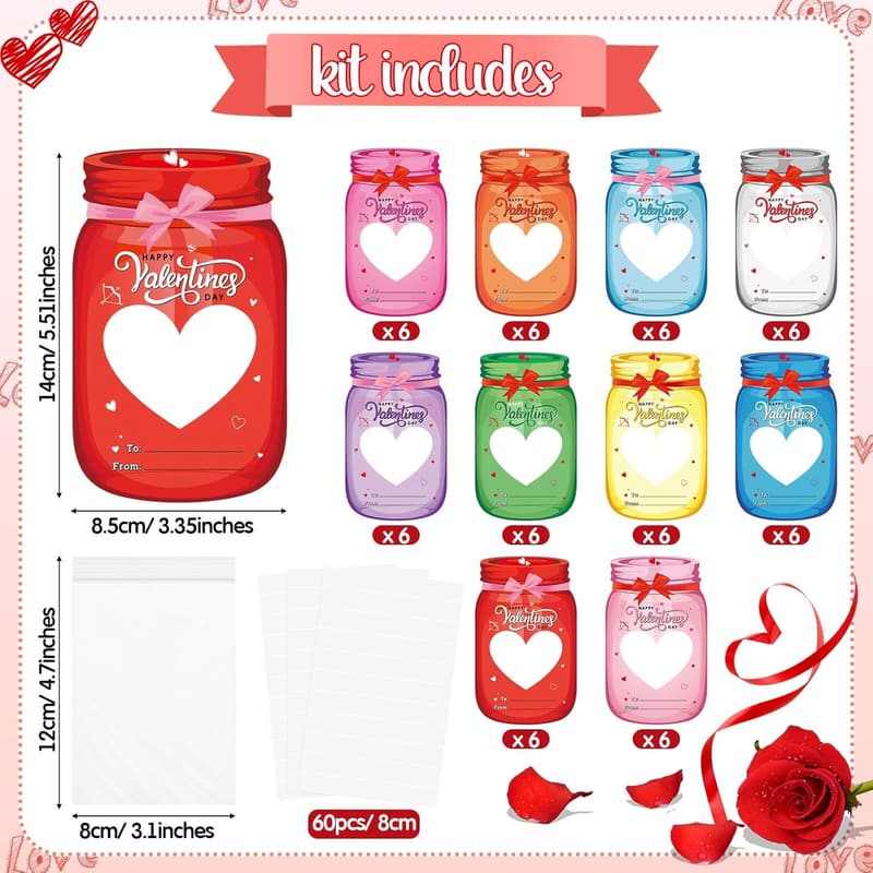 Valentine's Day Mason Jar Cards - Funrous 60 Set for Classrooms
