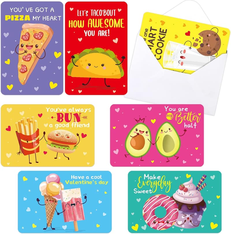 Food Theme Valentine Exchange Cards for Kids - 28 Pack