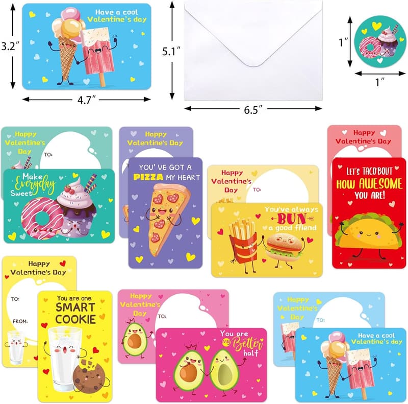 Food Theme Valentine Exchange Cards for Kids - 28 Pack