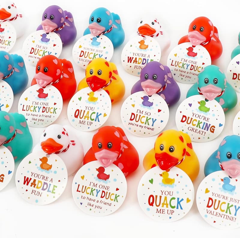 Valentine's Day Cards with Rubber Ducks - 24 Multi-Colored Sets for Kids