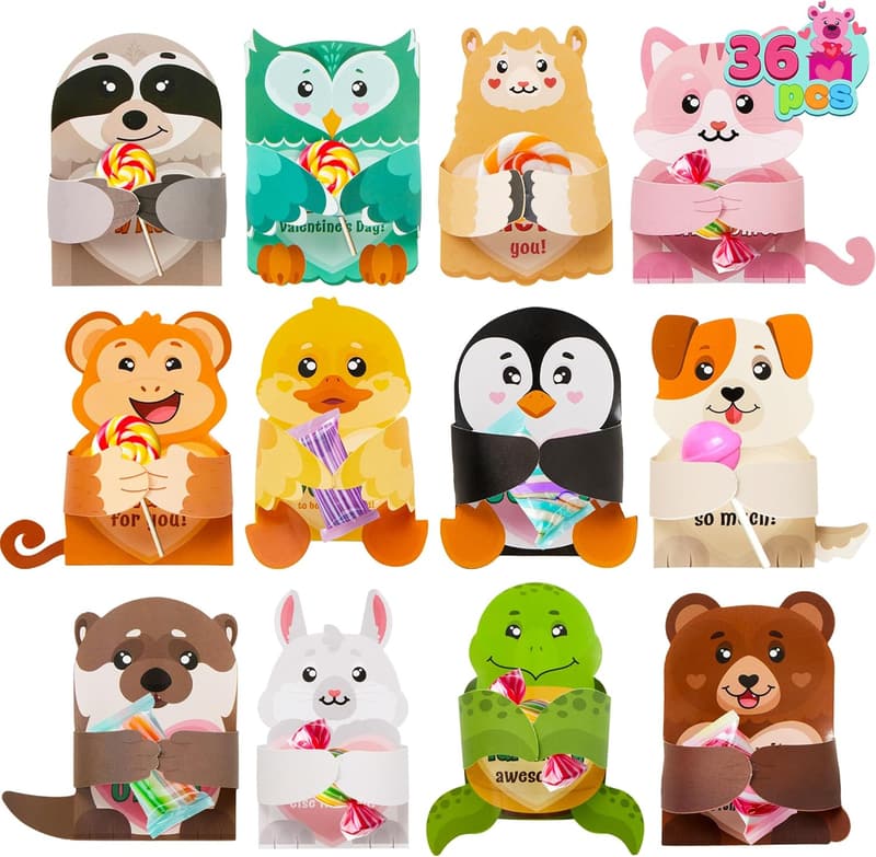 Valentine's Day Animal Design Gift Cards for Kids (36 Pcs)