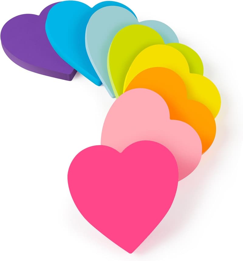 Heart-Shaped Sticky Notes, 3x3 inches, 8 Pads, Strong Adhesive