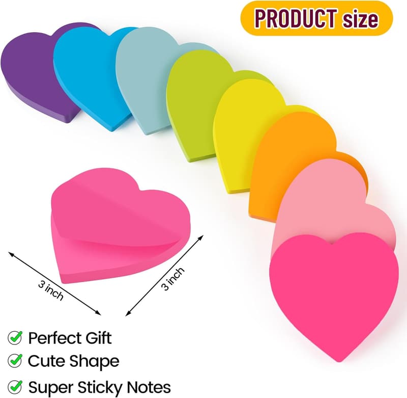 Heart-Shaped Sticky Notes, 3x3 inches, 8 Pads, Strong Adhesive