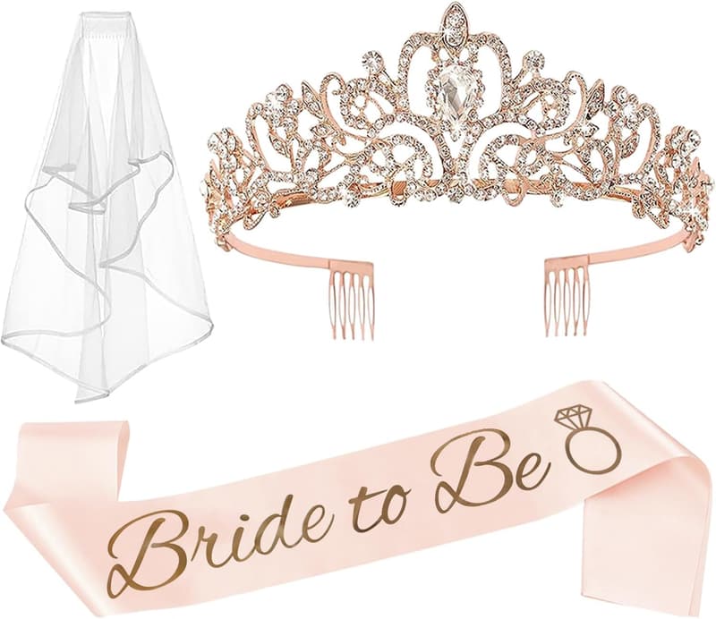 Bachelorette Party Rose Gold Crown, Sash & Veil Set