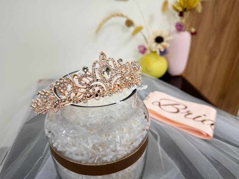 Bachelorette Party Rose Gold Crown, Sash & Veil Set