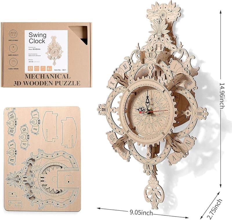 DIY 3D Wooden Mechanical Wall Clock Kit for Teens & Adults
