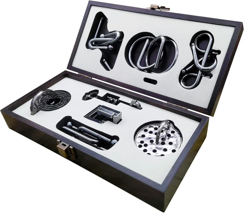 IQ Test Kit 3D Metal Puzzle Box with Wooden Case for Adults & Teens