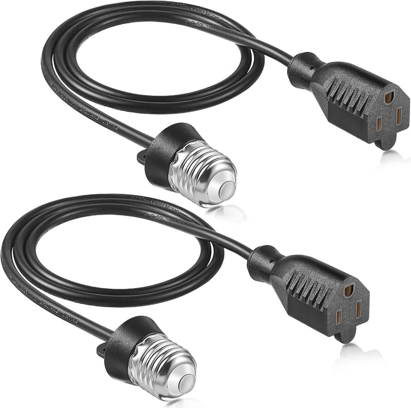 E26/E27 3-Outlet Light Socket Adapter, 2-Pack, Black